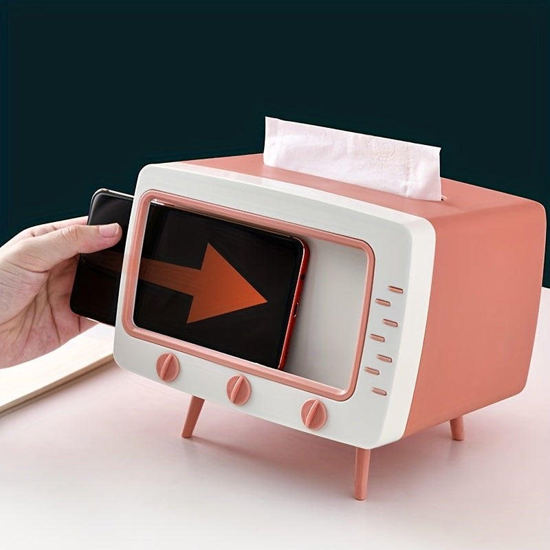 Retro -TV -Tissue -Box -Halter mit Smartphone -Dock - Multifunktionales Gewebeschutz für Heim- und Bürodekoration-2