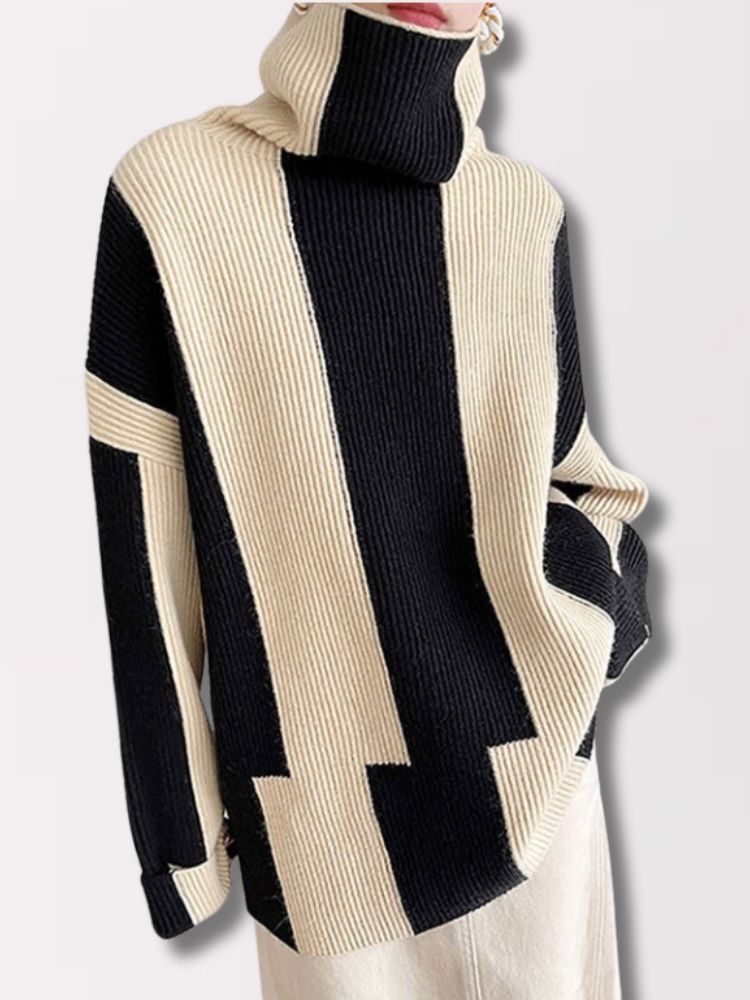 Claire | Großer Pullover mit Hohem Kragen und Farbblockdesign