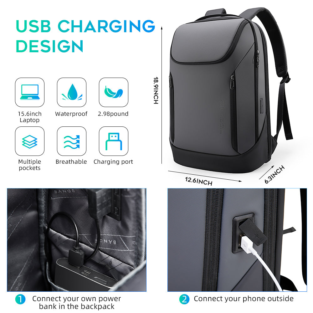 BANGE Business Wasserdichter Rucksack Geeignet für 15,6 Zoll Laptop Rucksack mit USB-Aufladung 10