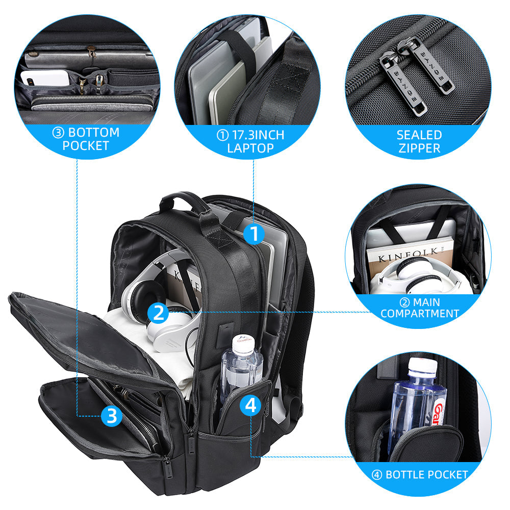 BANGE Laptop-Rucksack für Herren, Business-Reiserucksäcke mit USB-Ladeanschluss, Weekender-Handgepäck-Rucksack 1