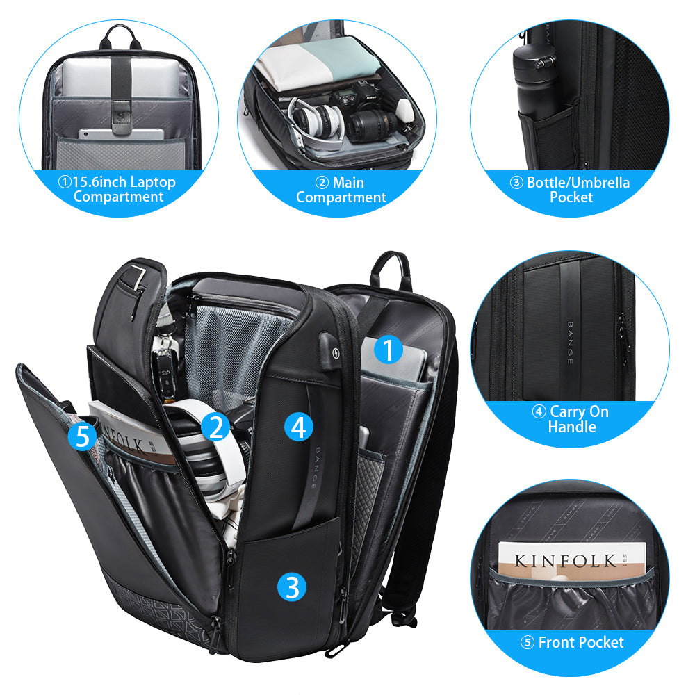BANGE Reiserucksäcke, Weekender-Handgepäck-Rucksack, wasserdichter Herren-Business-Laptop-Rucksack für 15,6 Zoll 2