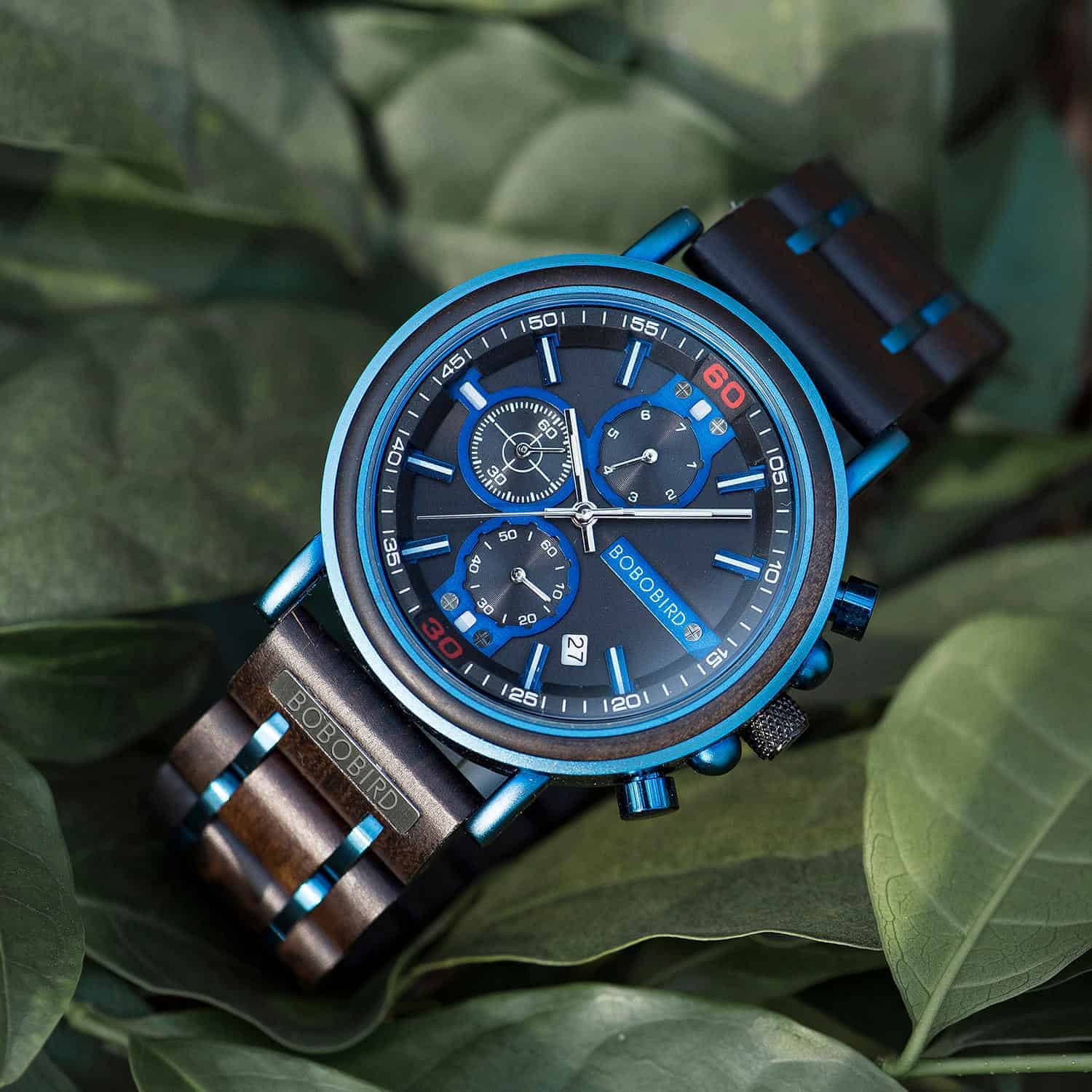Blaue Holz Chronograph Uhr 0