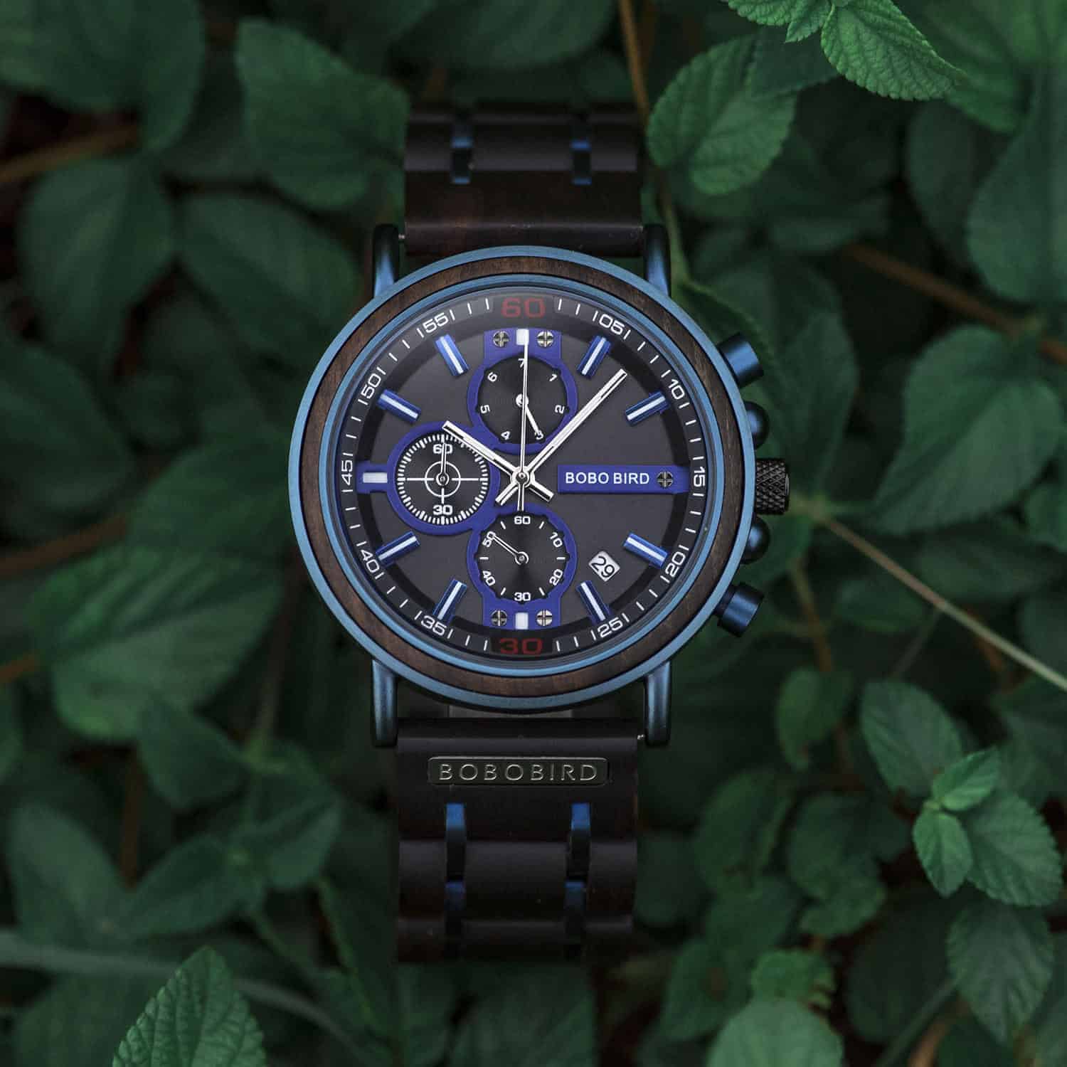 Blaue Holz Chronograph Uhr 3