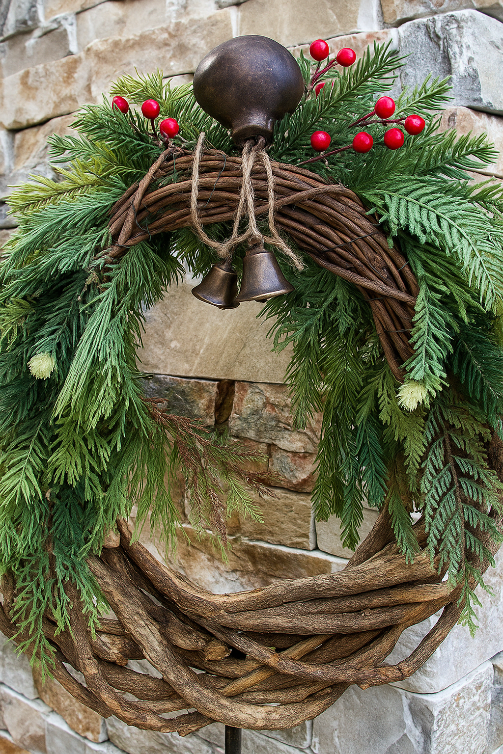 Winterwunschkranz – Handgemachter böhmischer Türkranz mit Glöckchen und Tannenzapfen