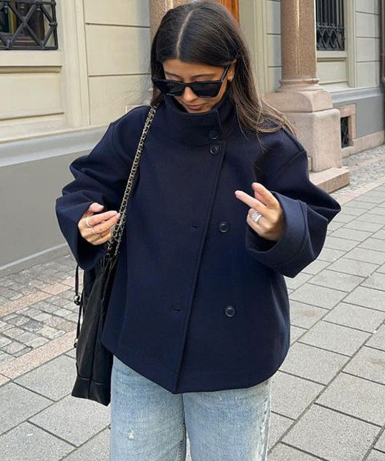 Damen Kurze Doppelbrustjacke Eleganz Wolle 0