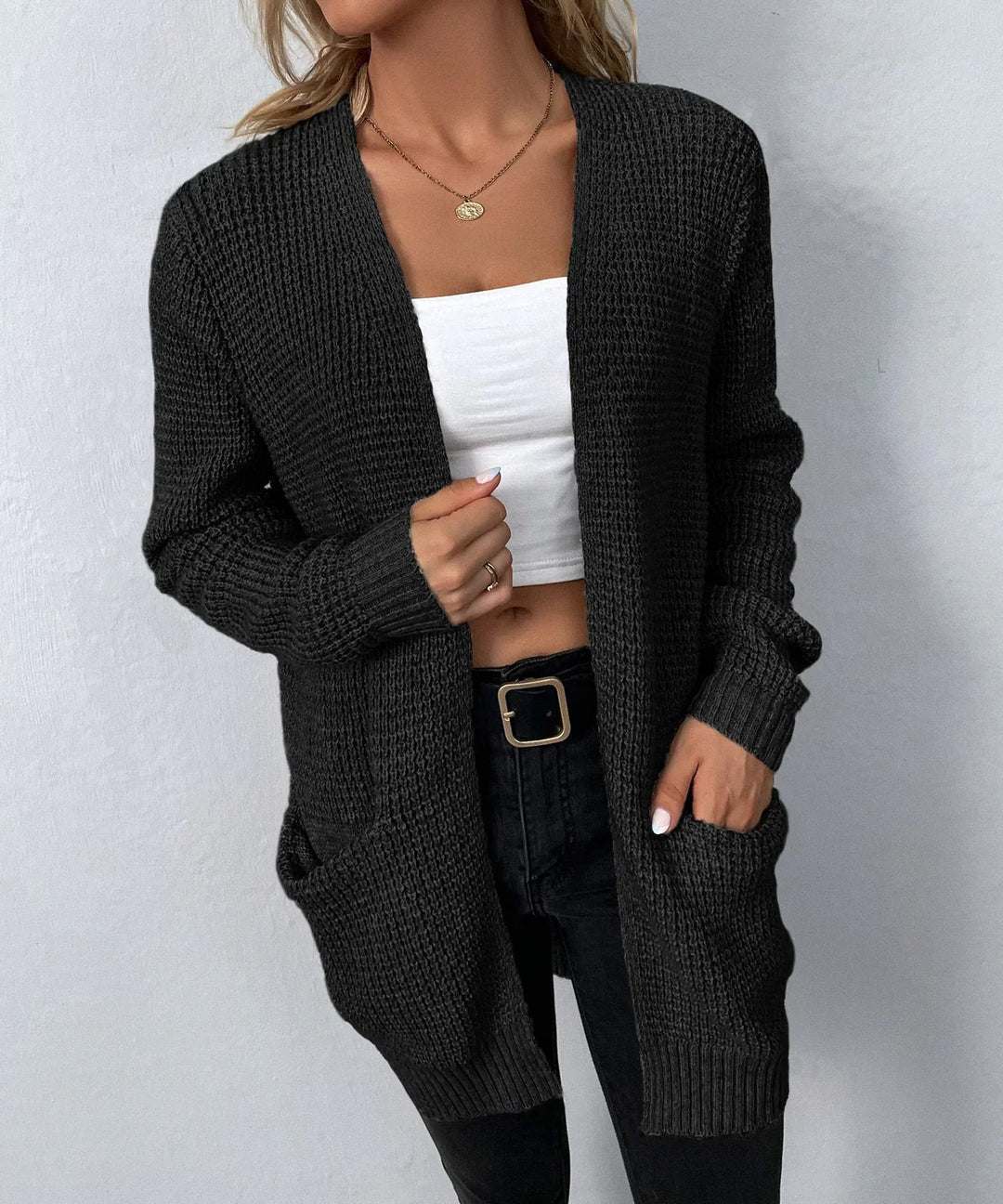 Damen Lange Strickjacke Klassisch Bequem Hochwertige Strickware 0