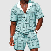  Herren-zweiteiliges Outfit-Kurzärmler-Button-Up-Shirt & Shorts-karierte lässige Passform-1