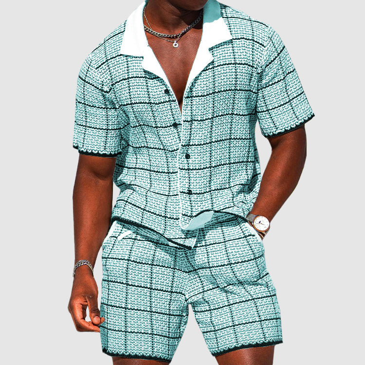  Herren-zweiteiliges Outfit-Kurzärmler-Button-Up-Shirt & Shorts-karierte lässige Passform-1