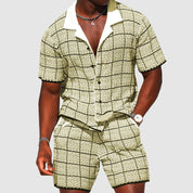  Herren-zweiteiliges Outfit-Kurzärmler-Button-Up-Shirt & Shorts-karierte lässige Passform-2