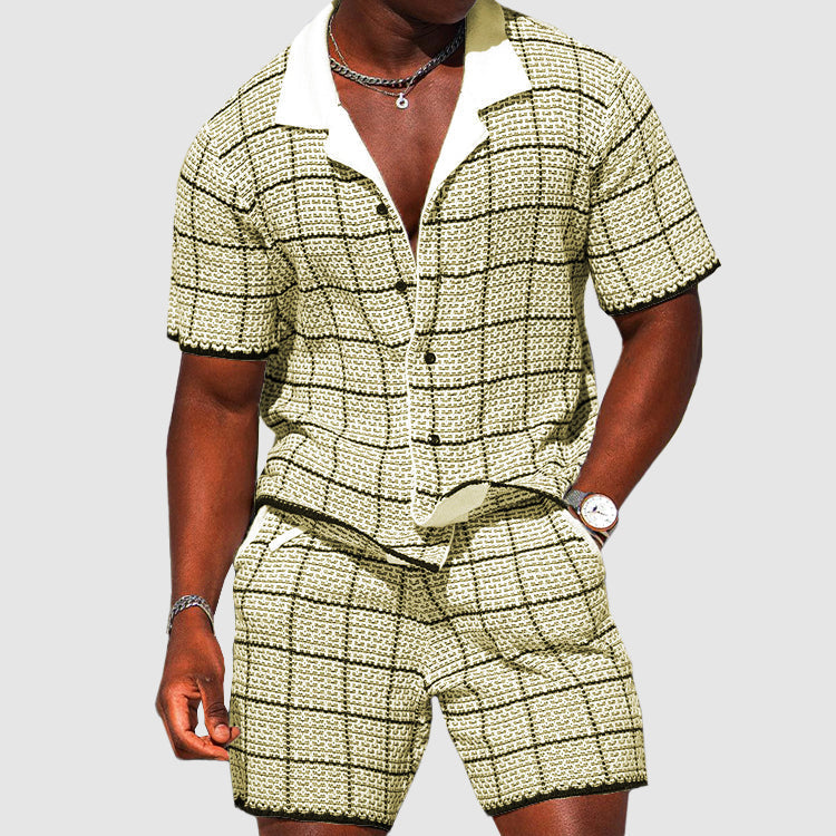  Herren-zweiteiliges Outfit-Kurzärmler-Button-Up-Shirt & Shorts-karierte lässige Passform-2