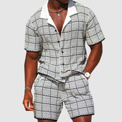  Herren-zweiteiliges Outfit-Kurzärmler-Button-Up-Shirt & Shorts-karierte lässige Passform-3