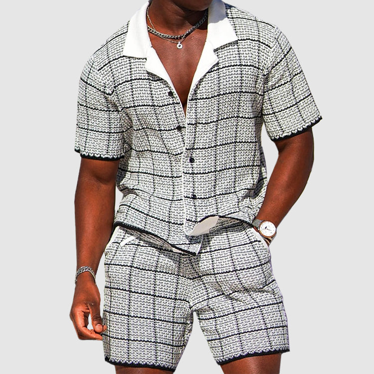  Herren-zweiteiliges Outfit-Kurzärmler-Button-Up-Shirt & Shorts-karierte lässige Passform-3