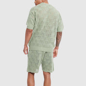  Herrengestrickter Set - atmungsaktive Kurzarmd -Top & Shorts - Geometrische Textur Casual Wear-3