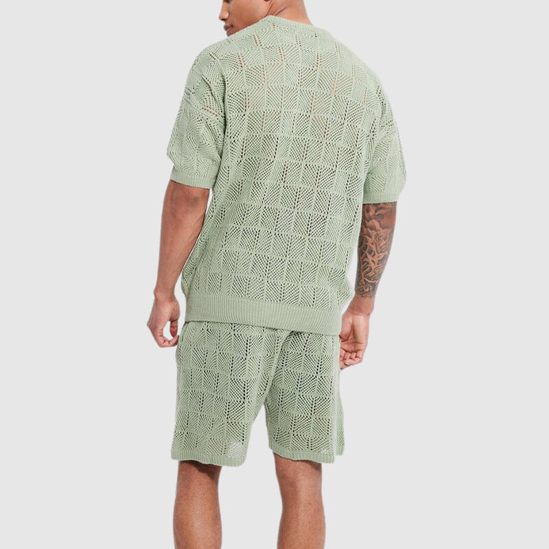  Herrengestrickter Set - atmungsaktive Kurzarmd -Top & Shorts - Geometrische Textur Casual Wear-3