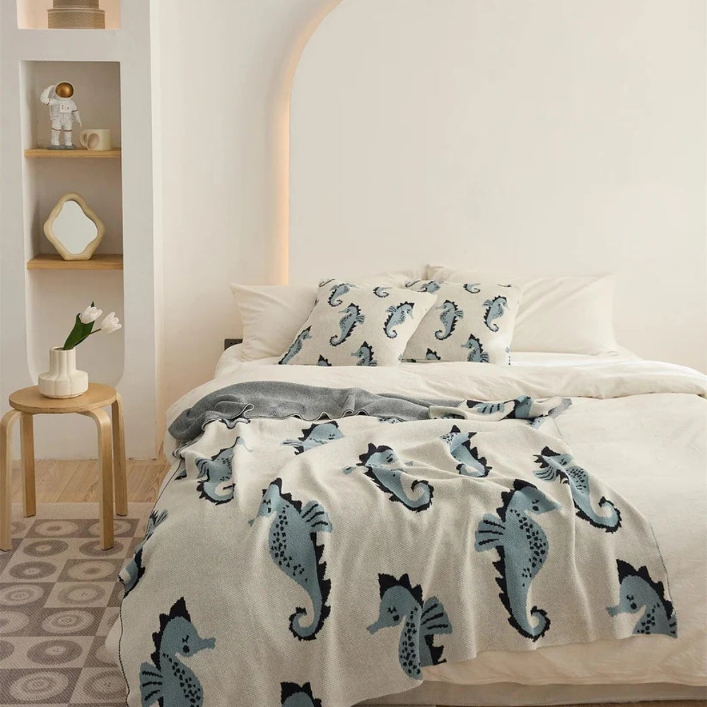 Elegante Decke für Zuhause mit Seepferdchen-Motiv aus Baumwolle 1
