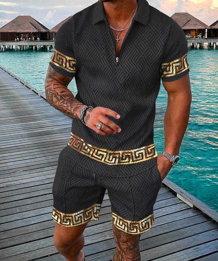  Zwei -teiliger Herren -Set - strukturierte Kurzarmier -Reißverschluss Polo & passende Shorts - Casual Wear-1