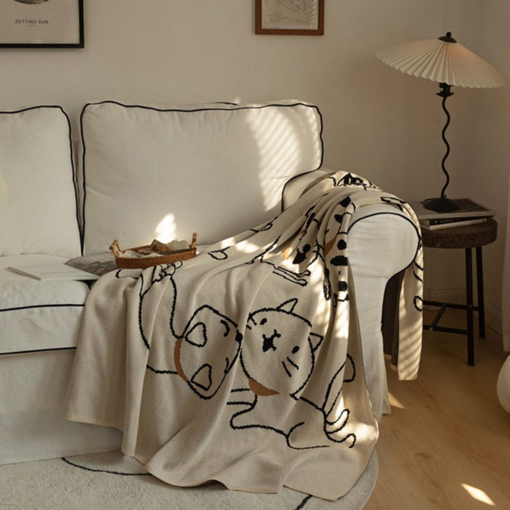 Kuschelige Wolldecke für Erwachsene mit Katzenmuster aus 100% Baumwolle 2