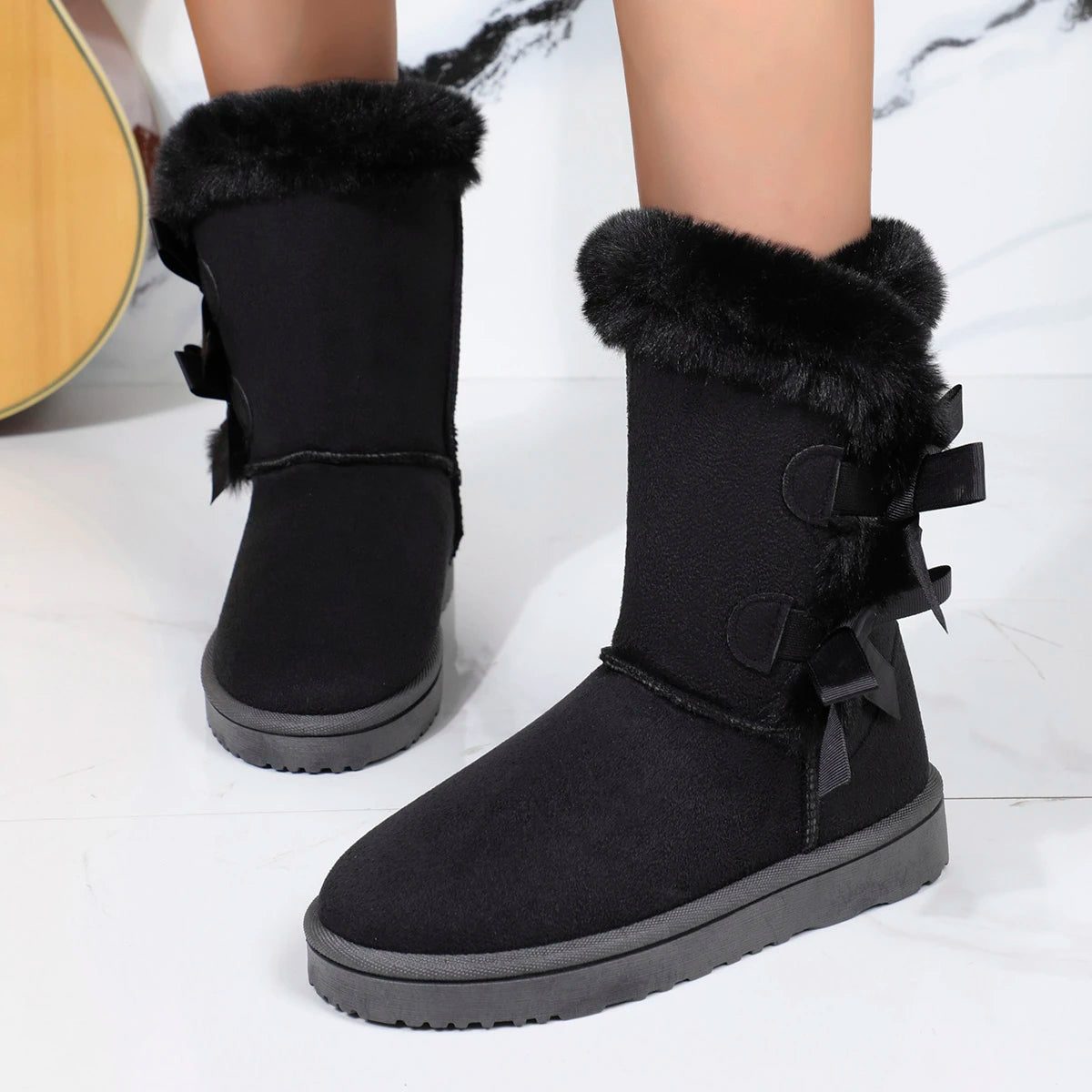 DES | Damen Winterstiefel Plüsch - Warme Boots mit Schleife