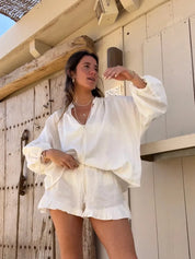 Zara | Elegantes V-Ausschnitt-Shirt und Rüschenshorts-Set