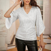 Nadine | Glitzernde V-Ausschnitt Bluse mit Ausgestellten Ärmeln