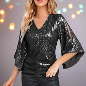 Nadine | Glitzernde V-Ausschnitt Bluse mit Ausgestellten Ärmeln