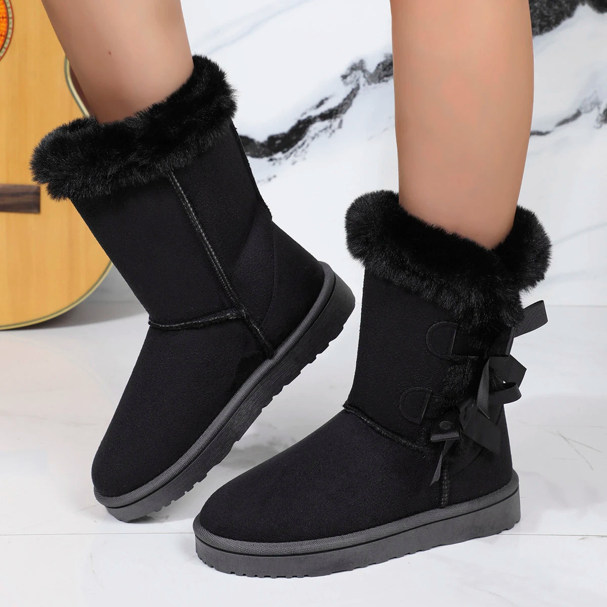 DES | Damen Winterstiefel Plüsch - Warme Boots mit Schleife