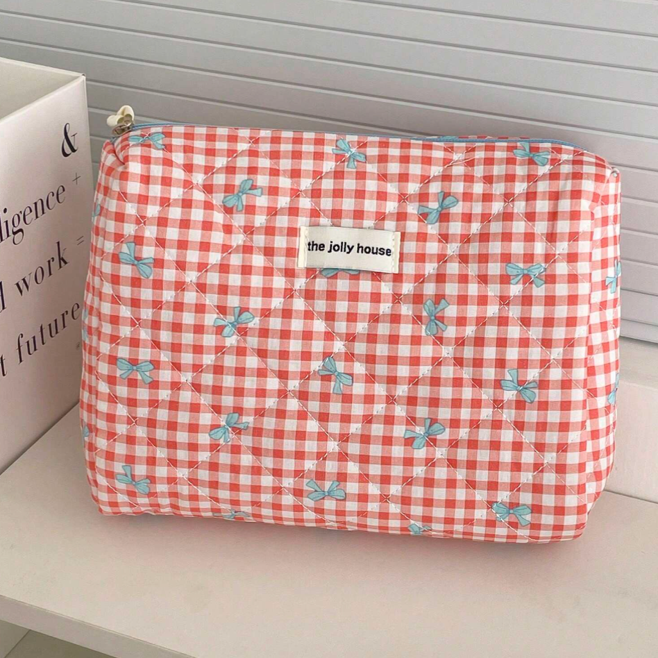 Chloe | Charmantes kariertes Make-up-Täschchen-Set mit Schleifen-Design