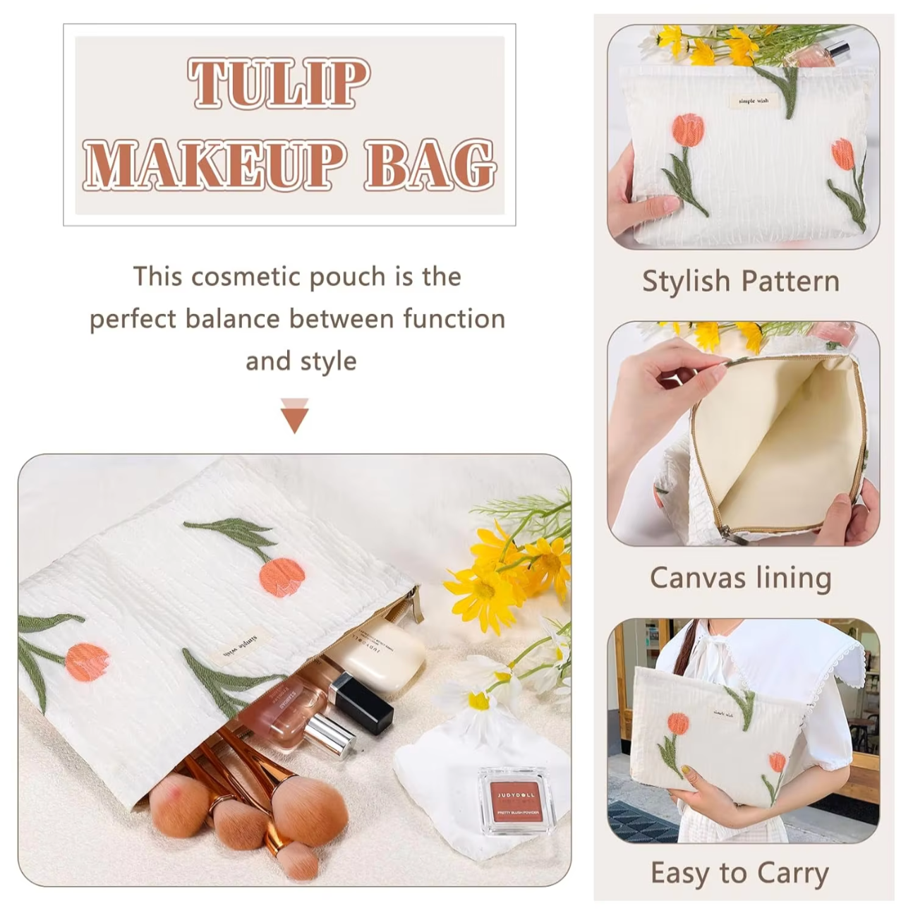 Nataly | Tulpen Blumen gesteppte Leinwand Kosmetik Make-up Tasche