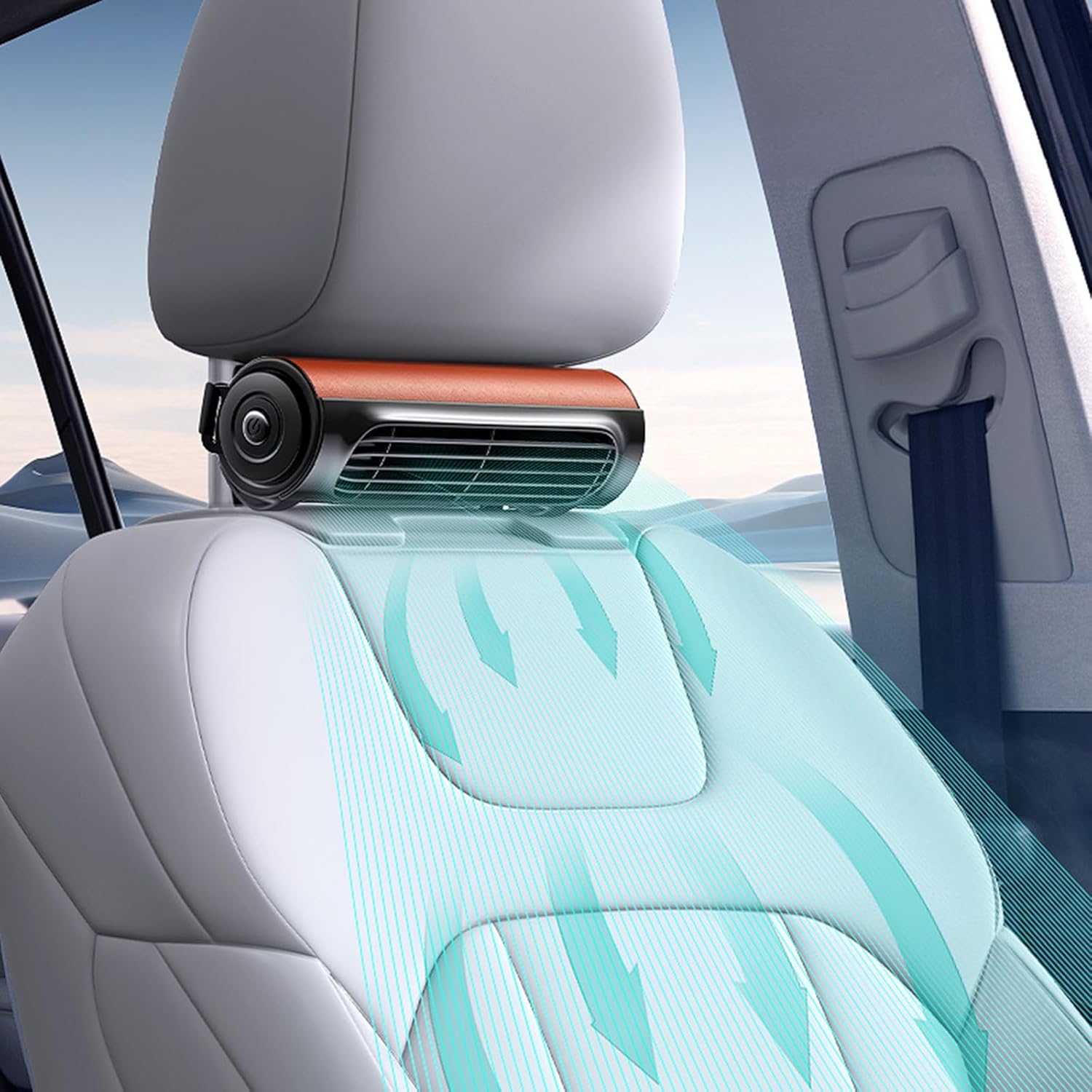 Tragbarer USB-Autositzventilator mit verstellbarem Kopfstützengurt 1