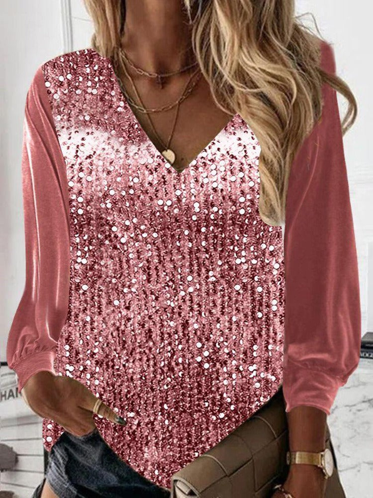 Pia | Glitzernde V-Ausschnitt Bluse mit Pailletten für Damen