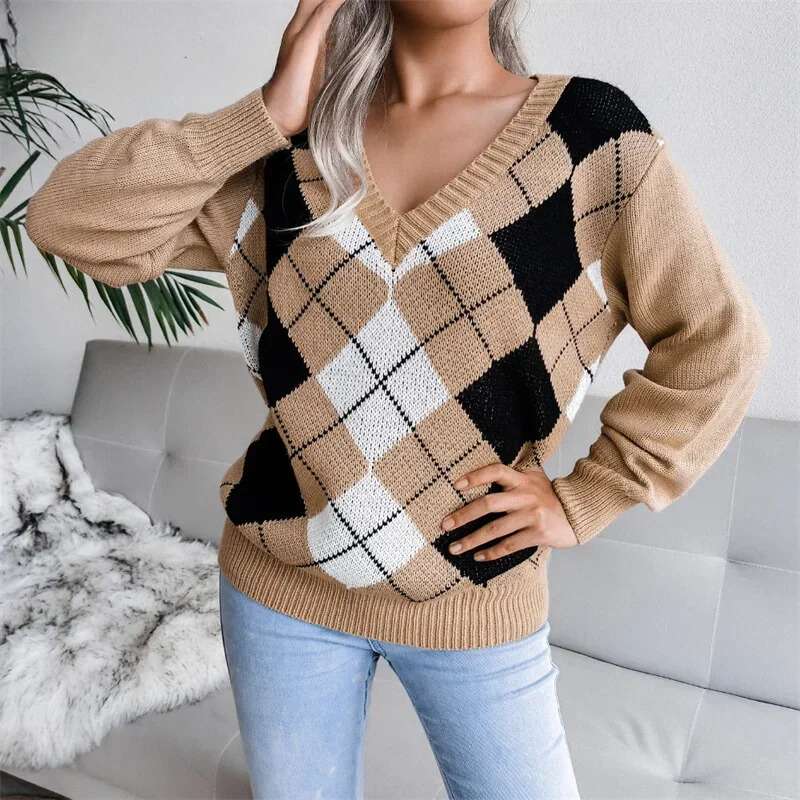 Opal | Gemütlicher V-Ausschnitt Argyle Strickpullover