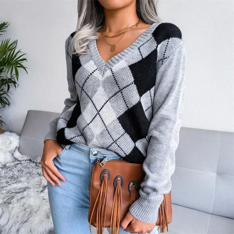Opal | Gemütlicher V-Ausschnitt Argyle Strickpullover