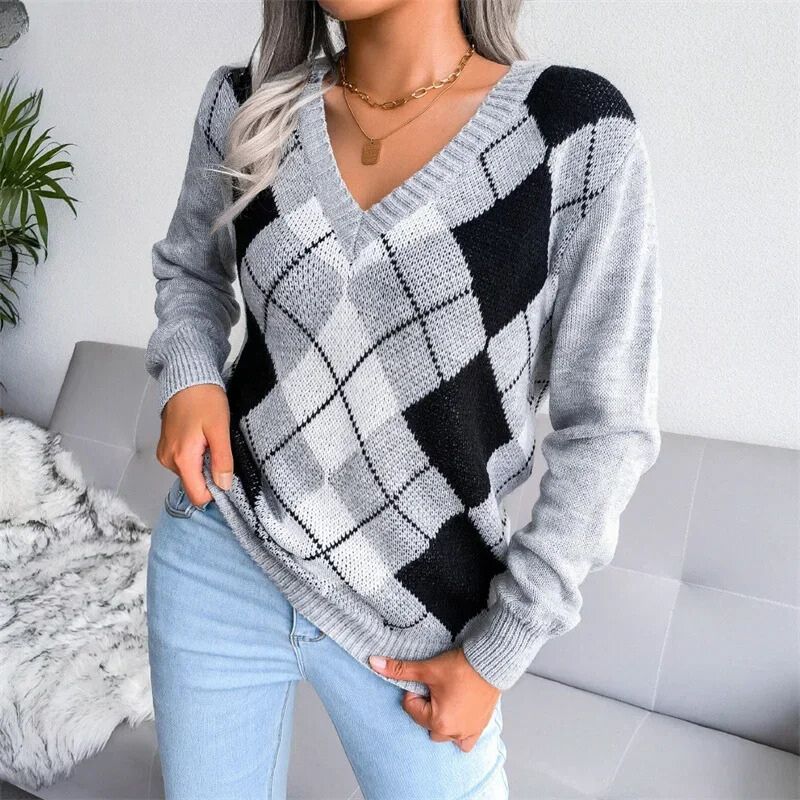 Opal | Gemütlicher V-Ausschnitt Argyle Strickpullover