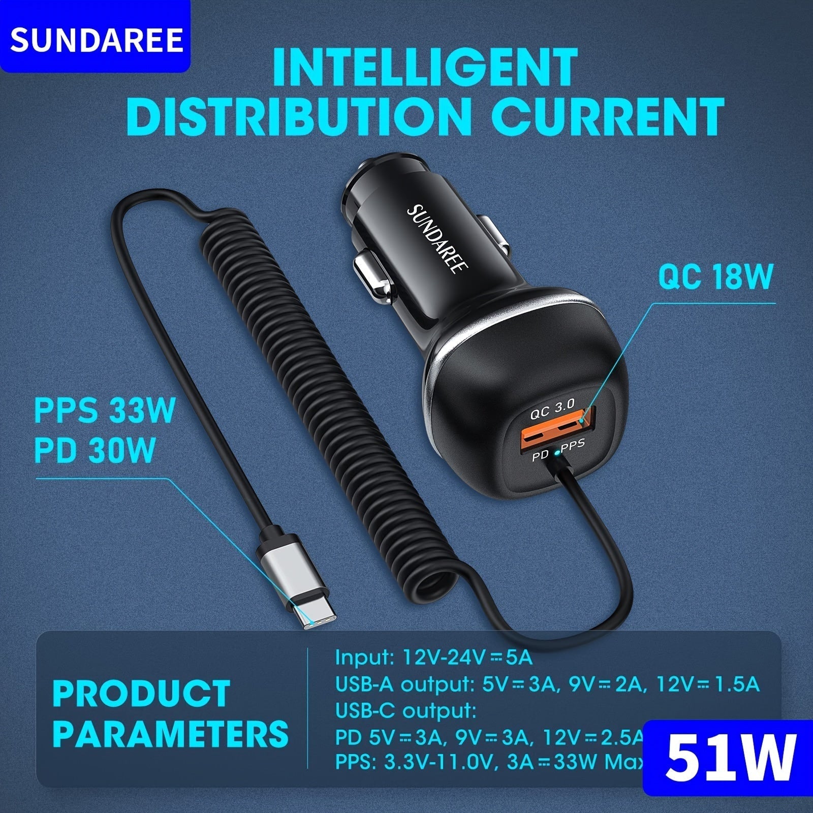 Schnelles USB-C-CAR-Ladegerät mit 51-W-Strom, 3 Ports und QC 3.0-Technologie für mehrere Geräteladungen-2