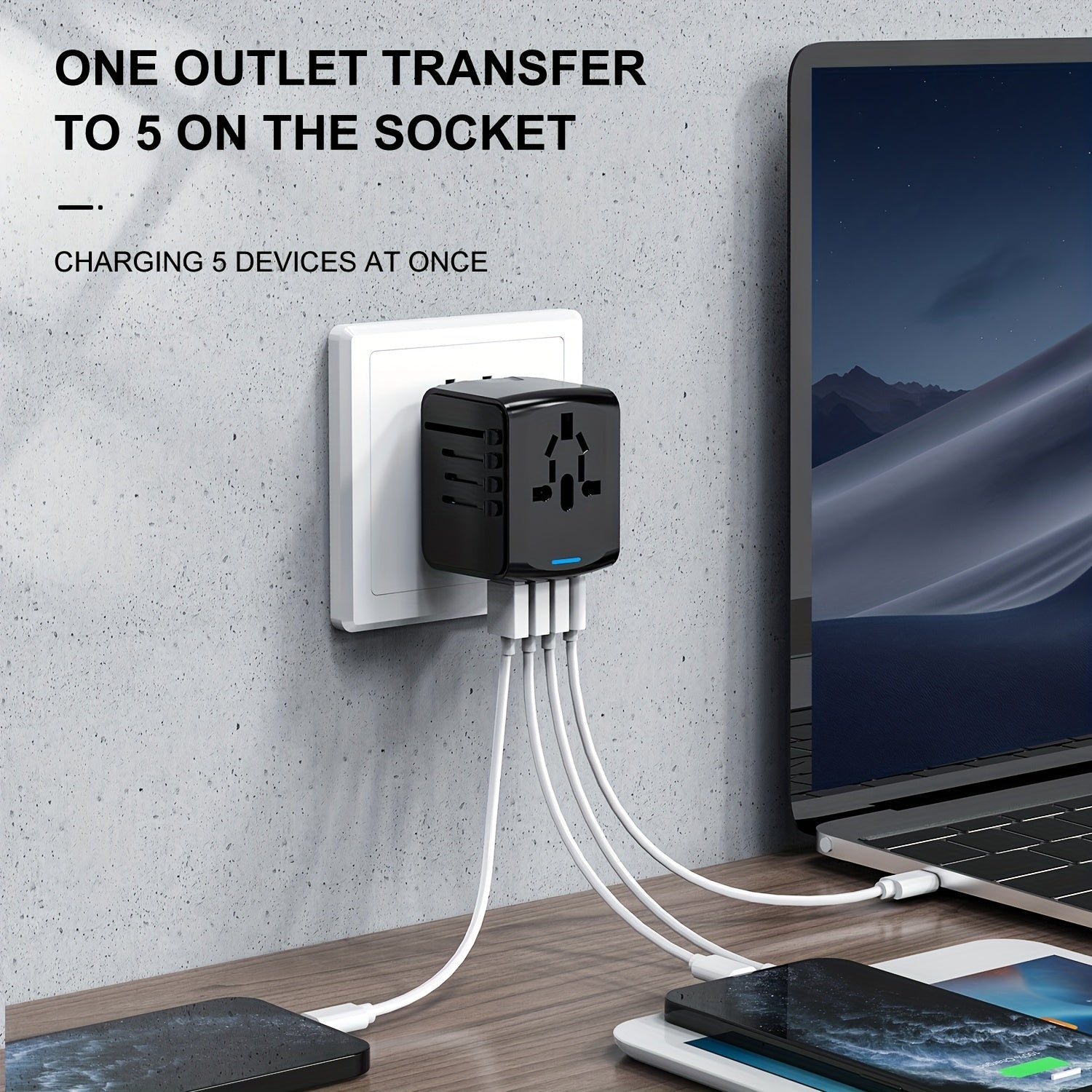 Universeller Reiseadapter mit 4 USB-Anschlüssen und Typ-C-Globale Kompatibilität, schnelle Ladesicherheitsfunktionen-6
