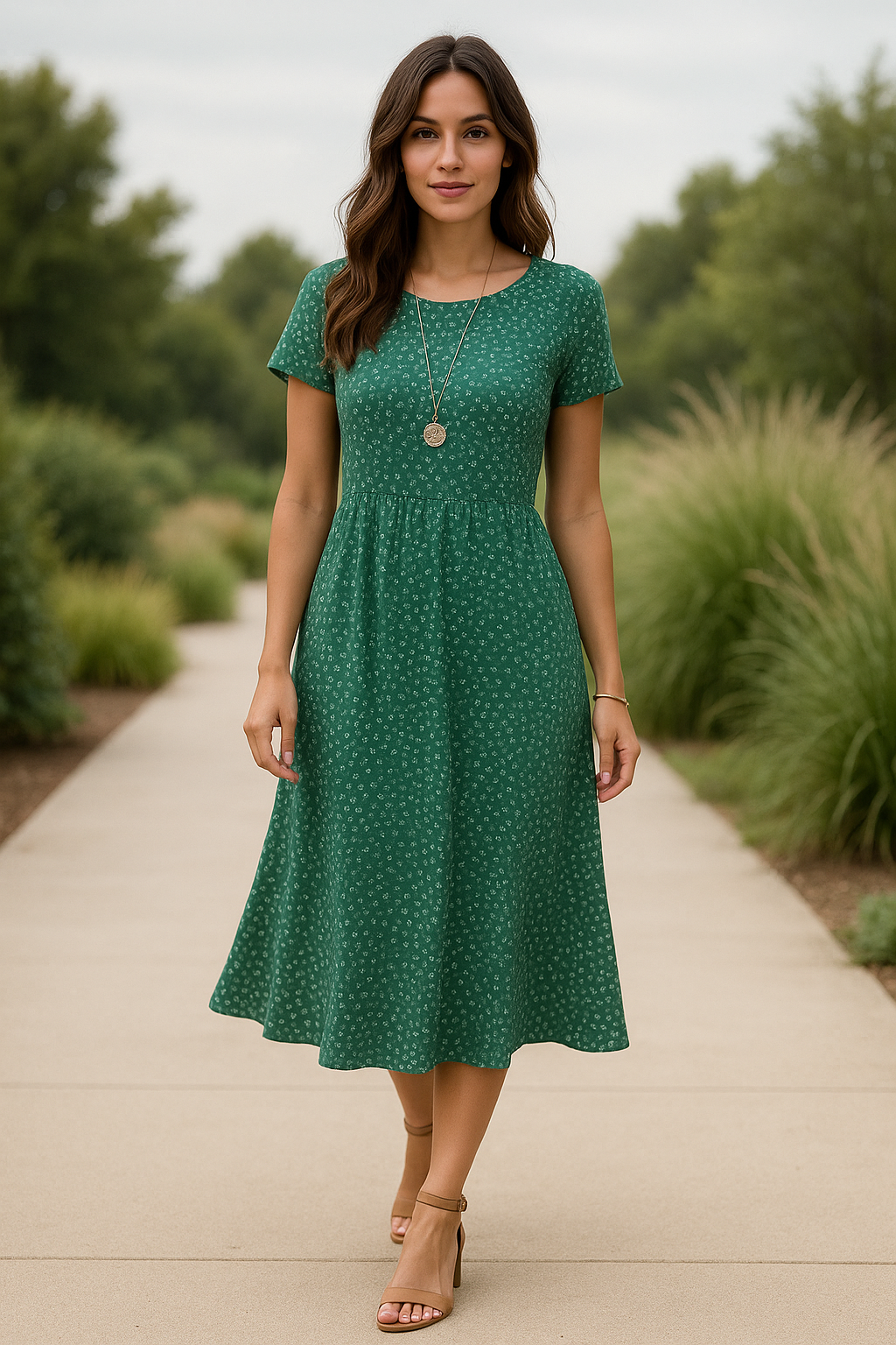 Full-body view of a beautiful woman aged 25-35 wearing a green polka-dot summer dress on a soft natural backdrop, perfect for modern casual and feminine fashion inspiration.