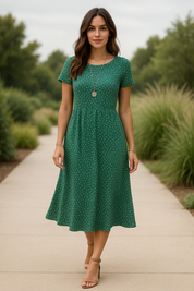 Full-body view of a beautiful woman aged 25-35 wearing a green polka-dot summer dress on a soft natural backdrop, perfect for modern casual and feminine fashion inspiration.
