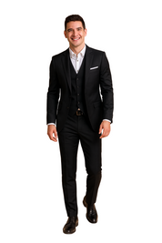 Elegant black three-piece suit for men with slim-fit jacket, matching vest, and tailored trousers, paired with a crisp white dress shirt and black leather shoes, perfect for formal occasions and business events.