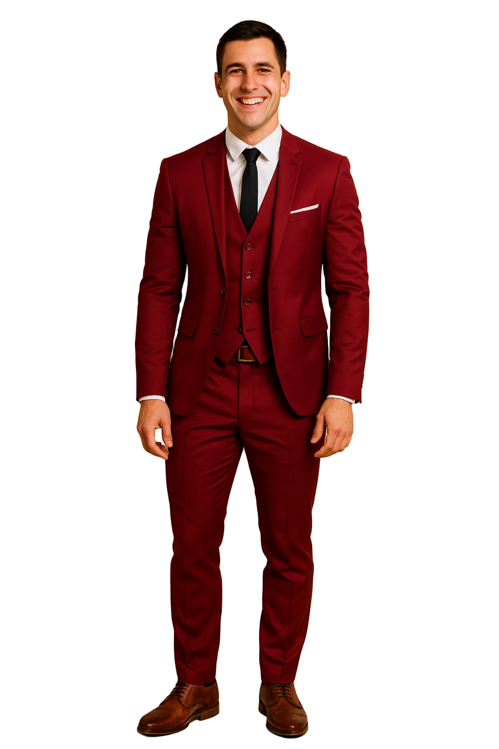 Deep red slim-fit three-piece suit with single-breasted blazer, matching vest, and tailored trousers, styled with a white dress shirt, black tie, and polished leather shoes.
