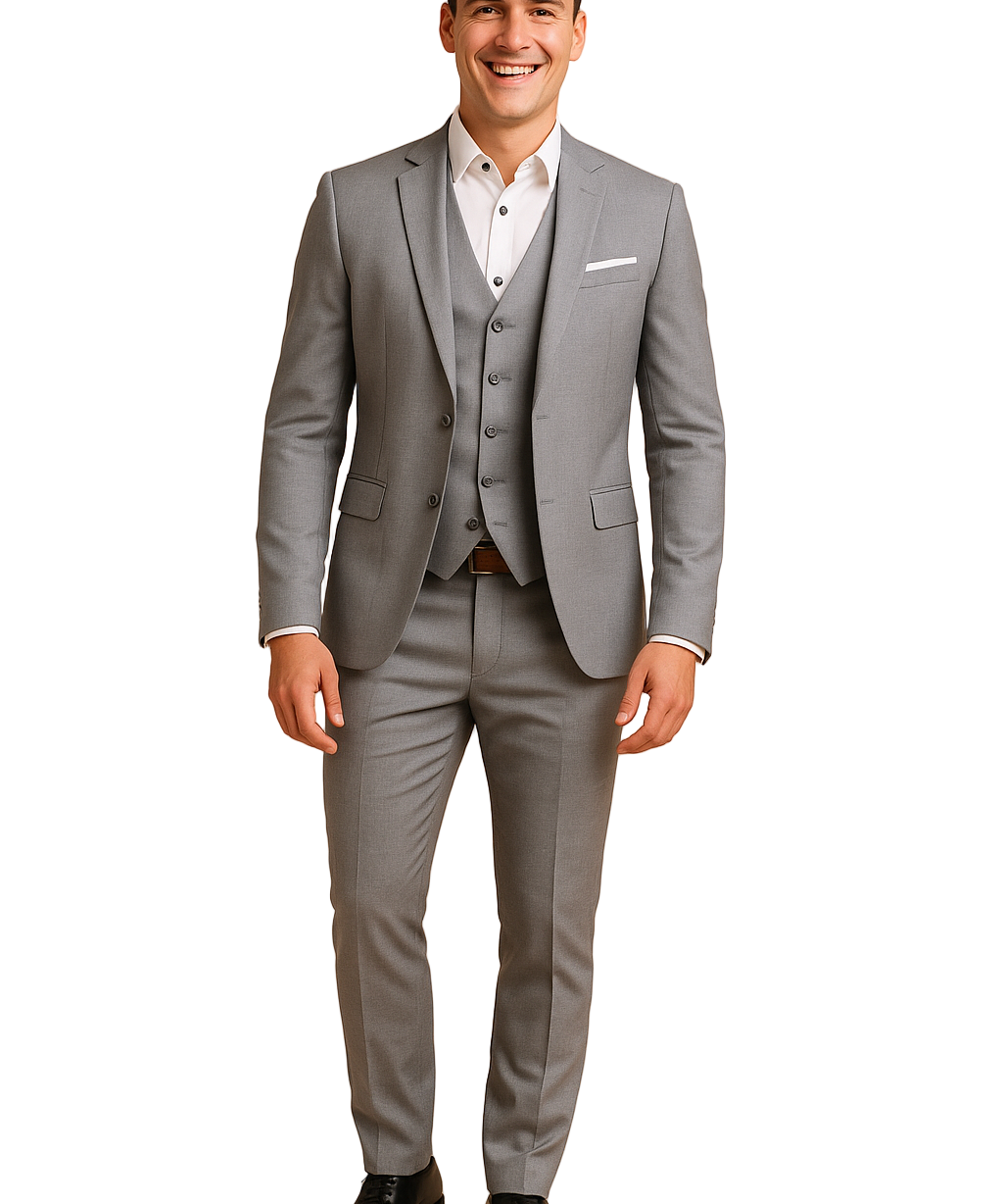 Elegant light grey three-piece suit featuring a tailored blazer, buttoned waistcoat, and slim-fit trousers paired with a crisp white shirt and polished black leather shoes.