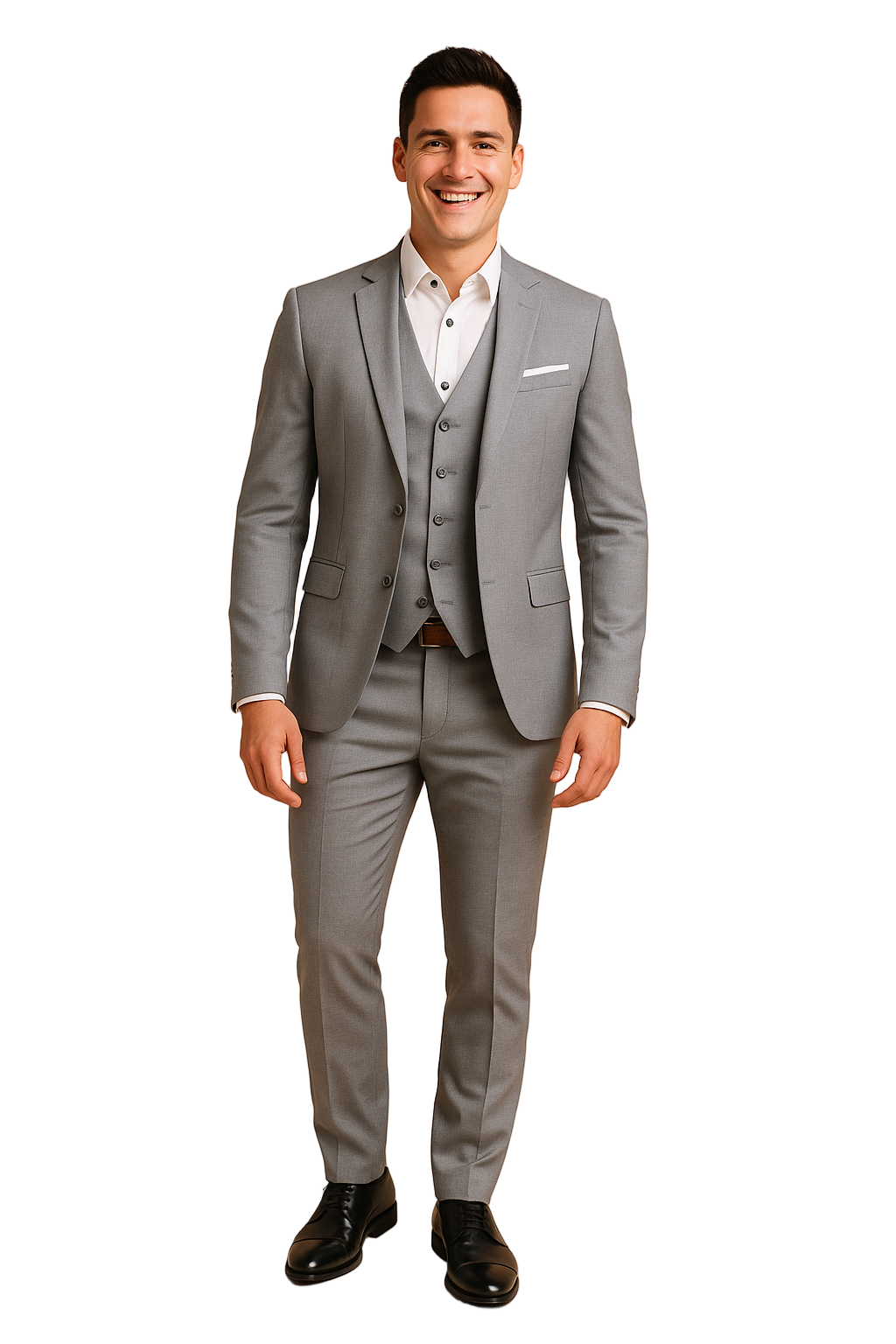 Elegant light grey three-piece suit featuring a tailored blazer, buttoned waistcoat, and slim-fit trousers paired with a crisp white shirt and polished black leather shoes.