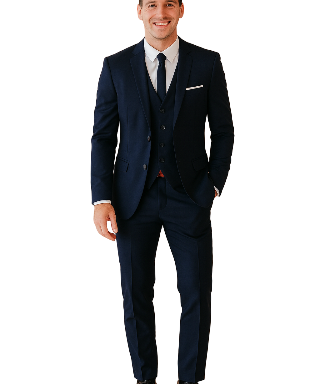Slim-fit navy blue three-piece suit with tailored blazer, matching waistcoat, straight-cut trousers, white dress shirt, black tie, and polished black formal shoes, styled for a modern elegant business look.