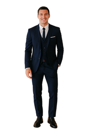 Slim-fit navy blue three-piece suit with tailored blazer, matching waistcoat, straight-cut trousers, white dress shirt, black tie, and polished black formal shoes, styled for a modern elegant business look.