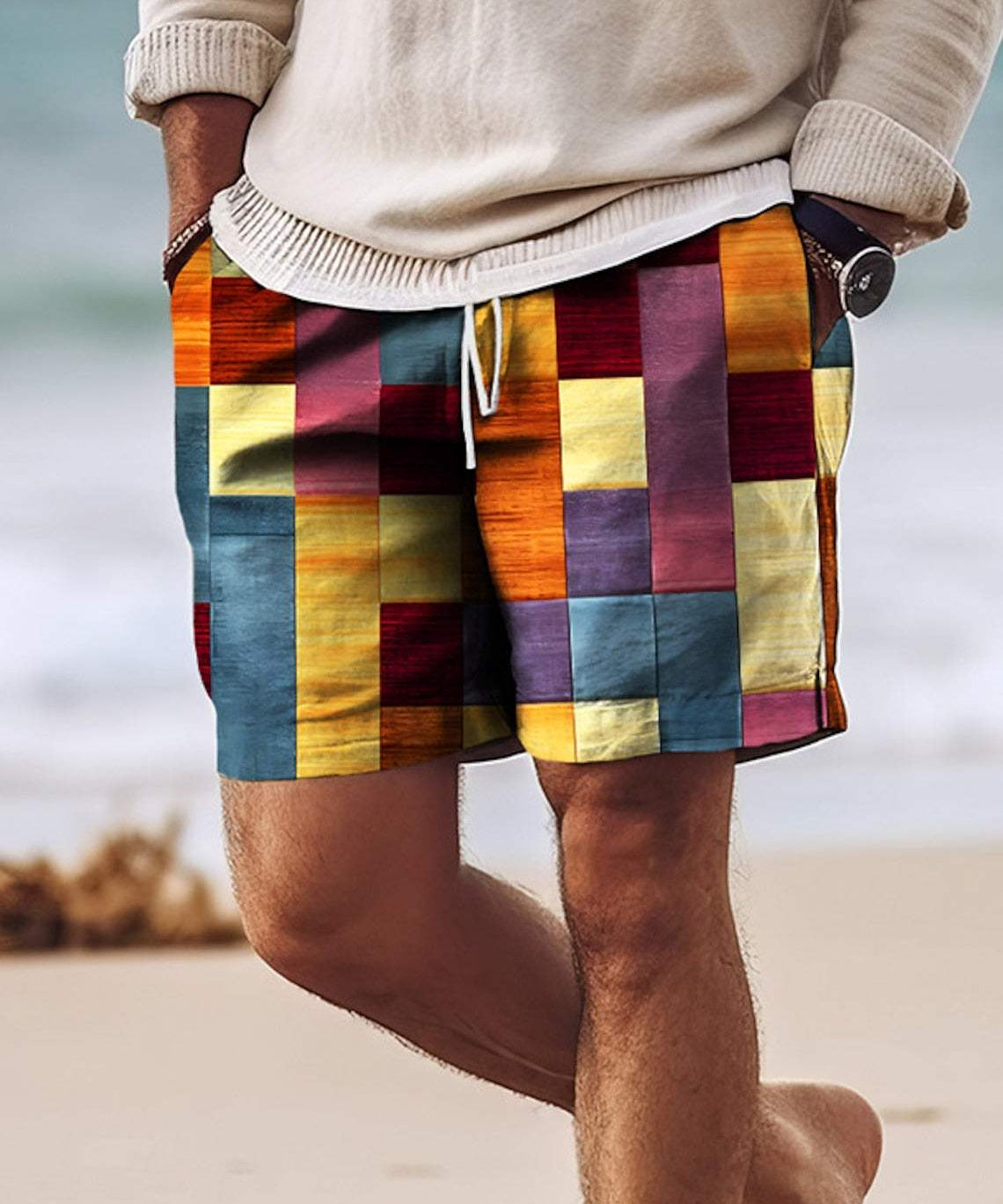  Herren -Patchwork -Shorts - Knielänge - elastische Taille mit Kordelkordel - leicht und atmungsaktiv-1