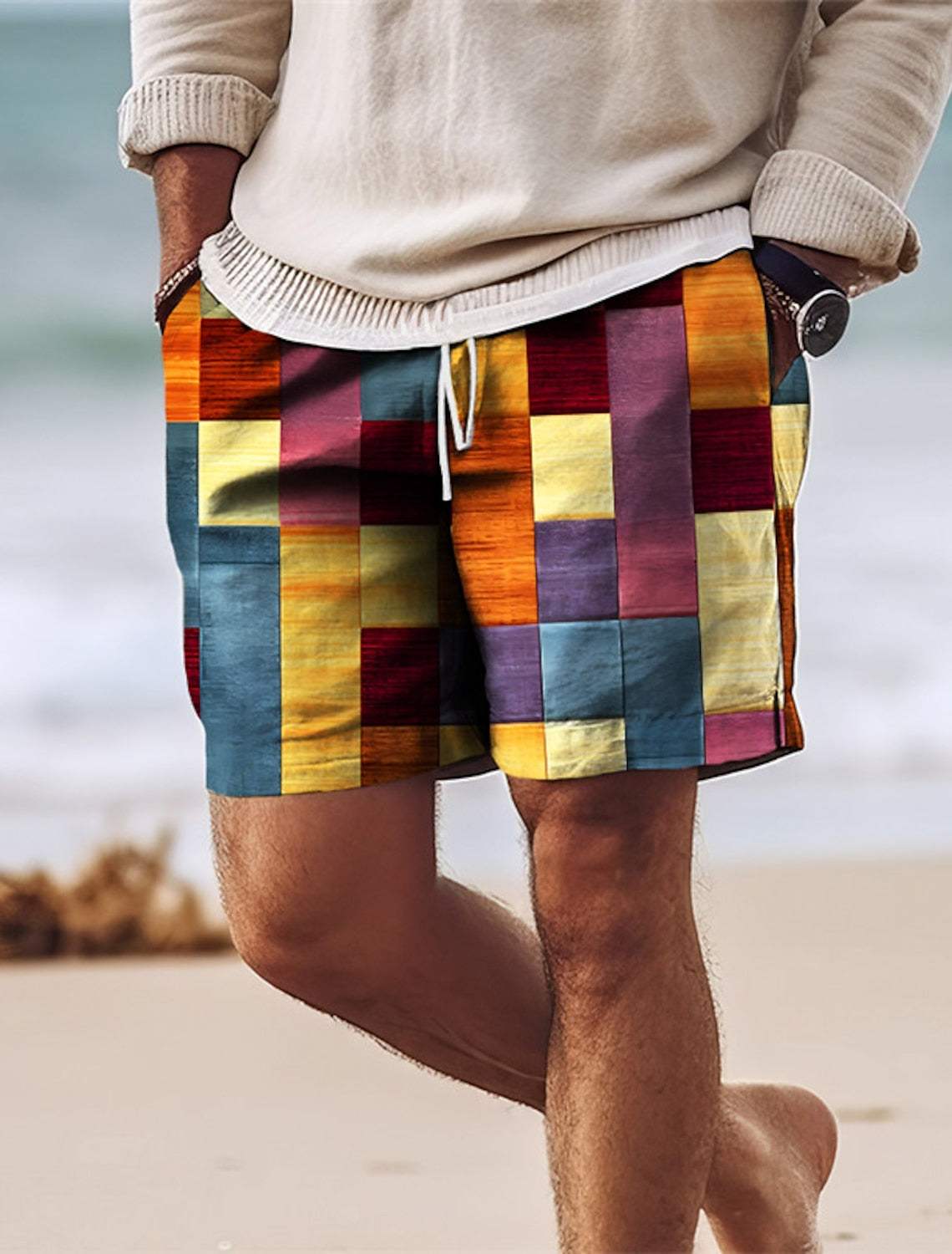 Herren -Patchwork -Shorts - Knielänge - elastische Taille mit Kordelkordel - leicht und atmungsaktiv-1
